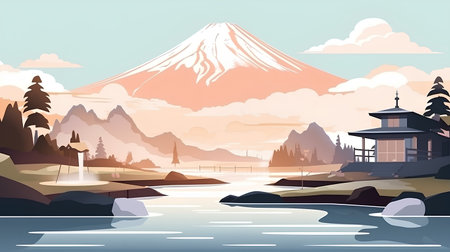 Mt Fuji and lake, japanese style vector illustration.の素材