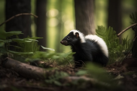 A black and white baby skunk in the forest on a sunny dayの素材