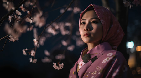 Portrait of a beautiful asian woman wearing kimono with cherry blossomの素材