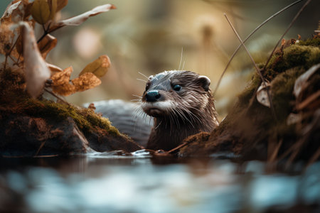 Portrait of an Asian small-clawed otter swimming in the riverの素材