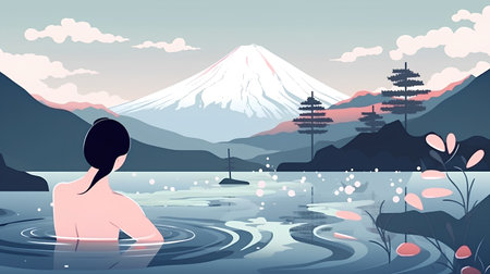 Illustration of a young woman bathing in a lake with Mt. Fuji in the backgroundの素材