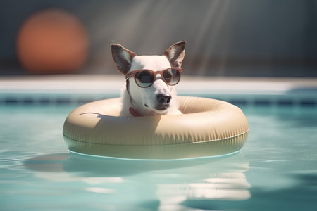 dog in sunglasses swims in the pool with an inflatable ringの素材