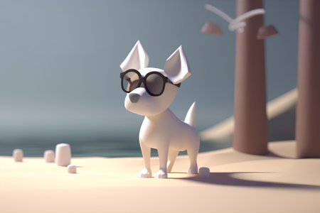 Cute dog with glasses on the beach. 3D rendering.の素材