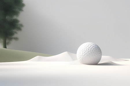 Golf ball on the sand. 3D render. Sports theme.の素材