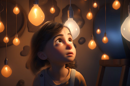 Portrait of a little girl looking up in front of light bulbsの素材
