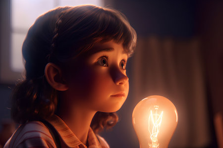 Portrait of a cute little girl with a light bulb in her hands.の素材