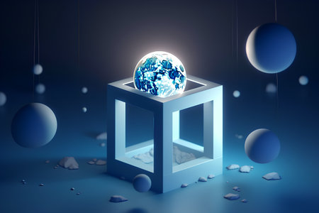 3d illustration of blue cube with planet and balls on dark backgroundの素材