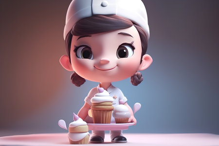 Cute girl chef with cupcake, 3d render illustration.の素材