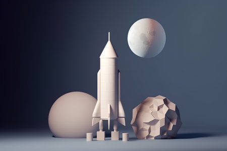 Rocket and crumpled paper balls on blue background. 3d renderの素材