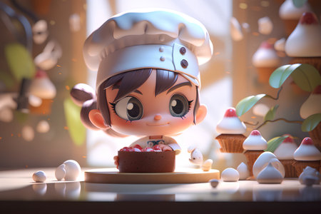 Cute little girl chef with cupcake,3d rendering.の素材
