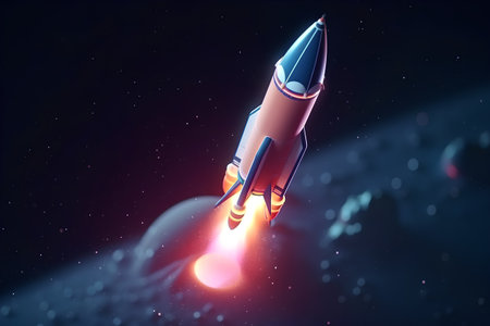 Rocket flying in space. 3D rendering. Space exploration concept.の素材