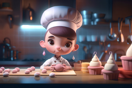 3d rendering of a cute little chef girl making cakes in the kitchenの素材