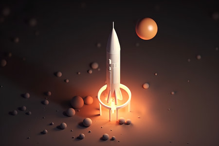 Rocket in space with planets and stars, 3d rendering. Computer digital drawing.の素材