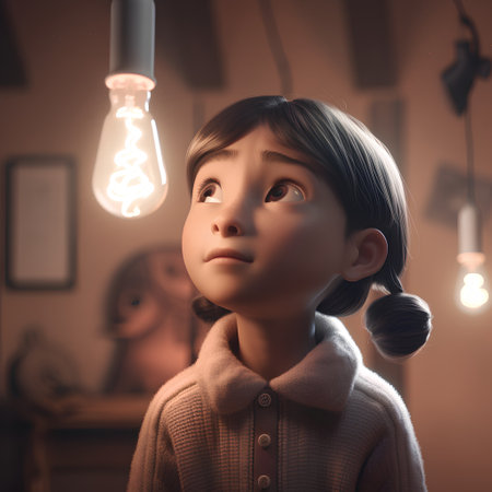 Little girl looking at lightbulb in the dark room. Concept of idea.の素材