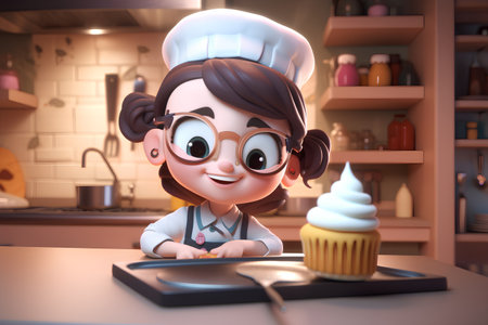 3d rendering of a girl chef with cupcake in the kitchenの素材