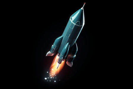 Space rocket with fire isolated on black background. 3d illustration.の素材