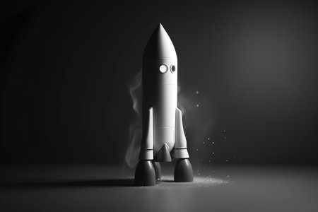 Rocket on dark background, 3d rendering. Computer digital drawing.の素材