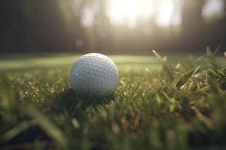 Golf ball on green grass ready to be shot into the holeの素材