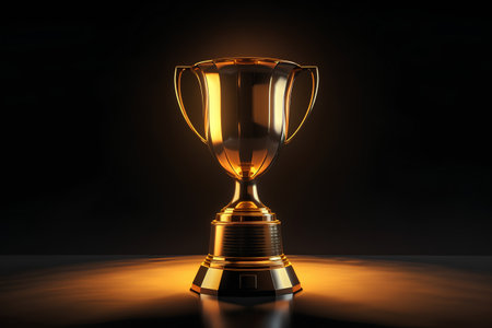 Golden trophy cup on black background. 3D rendering. Image with clipping pathの素材