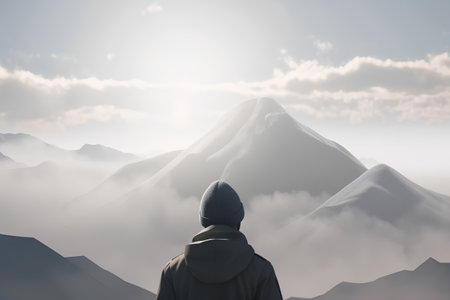Man in hoodie looking at the top of the mountain. 3d renderの素材