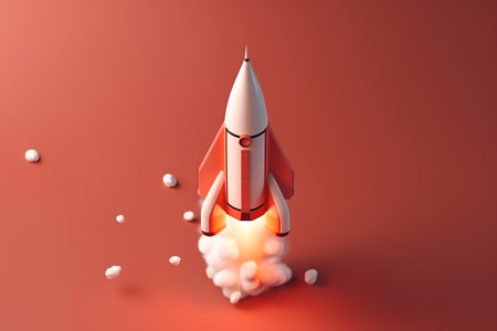 Space rocket on a red background. 3d render. Illustration.の素材