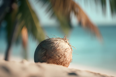Coconut on the beach. Selective focus and shallow depth of field.の素材