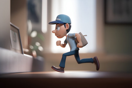 3d illustration of a delivery man running in front of a laptopの素材