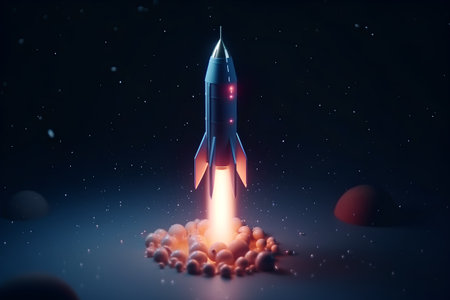 Rocket in space with stars and planets in background, 3d renderの素材