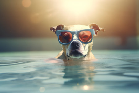 Cute dog in sunglasses swimming in the pool at sunset time.の素材