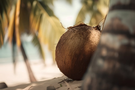 Coconut on the beach with palm trees at the background.の素材