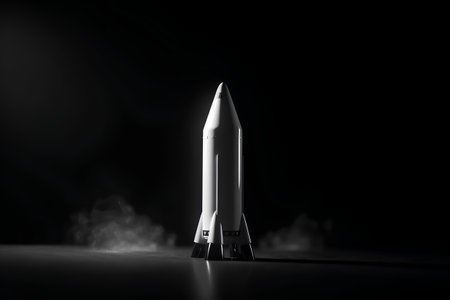 3d rendering of a space rocket on a dark background with smokeの素材