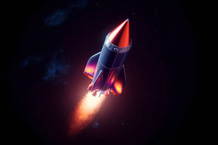 Rocket flying in space. 3d illustration. Space travel concept.の素材