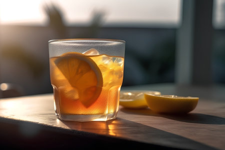 Cocktail with ice and lemon on a wooden table. Selective focus.の素材