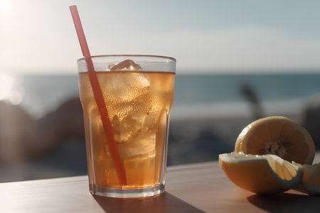 Glass of ice tea with lemon on the background of the sea.の素材