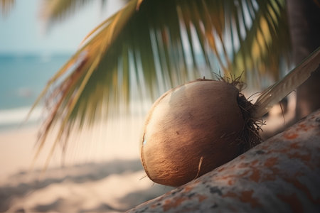 Coconut on the beach with palm tree in the background.の素材