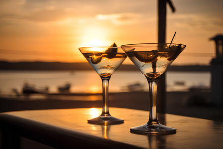 Two glasses of martini cocktail on the background of the setting sunの素材