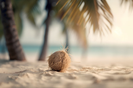 Coconut on the beach with palm trees. Summer vacation conceptの素材