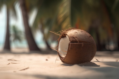 Coconut on the beach and palm trees in the background.の素材