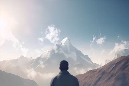 Digital composite of Back view of man looking at mountain and blue skyの素材