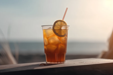 Iced tea with lemon on the beach at sunset. Selective focusの素材