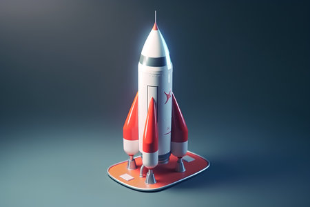 Space rocket on a dark blue background. 3d render illustration.の素材