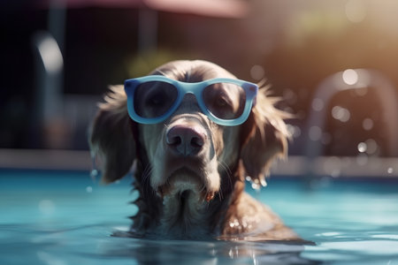 Dog swimming in a swimming pool with blue glasses, shallow dofの素材