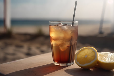 Iced tea with lemon on the beach. Selective focus.の素材