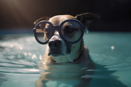 Cute dog in sunglasses swimming in a swimming pool at sunset.の素材