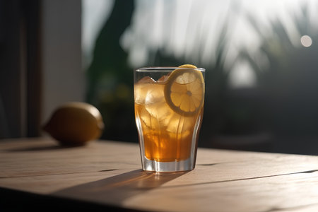 Glass of iced tea with lemon and ice cubes on wooden tableの素材
