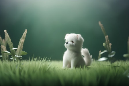 Puppy of Samoyed in the grass with green backgroundの素材