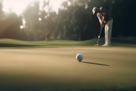 Golfer hitting ball on the green of golf course with sun flareの素材