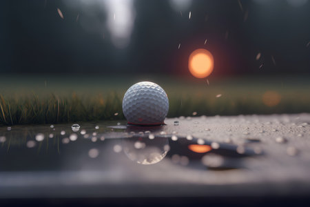 Golf ball on the tee in the rain on a golf courseの素材