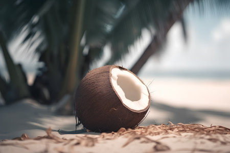 Coconut on the beach with palm trees in the background.の素材