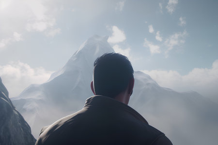 Man looking at the peak of a mountain with clouds in the backgroundの素材